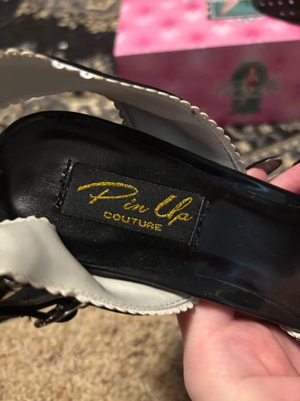 Pleasers - Pin Up Couture - Black Satin White Polka Dot Rose Heels - Size 8